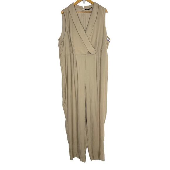 Halogen Jumpsuit Sleeveless Surplice V-Neck Tapered Leg Oxford Tan NWT 3X - Picture 3 of 10
